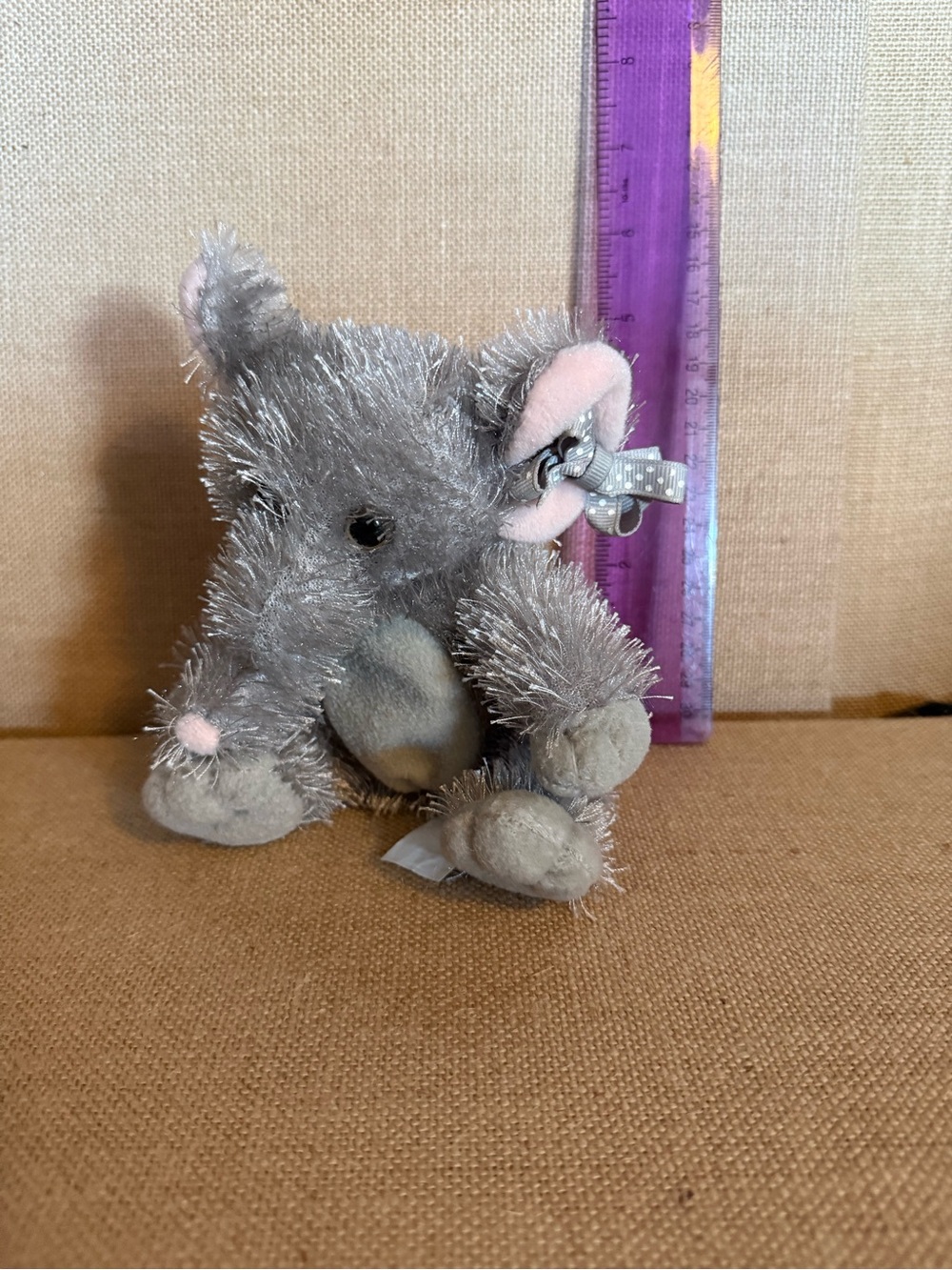 Gray Plush Mouse Keychain with Pink Accents